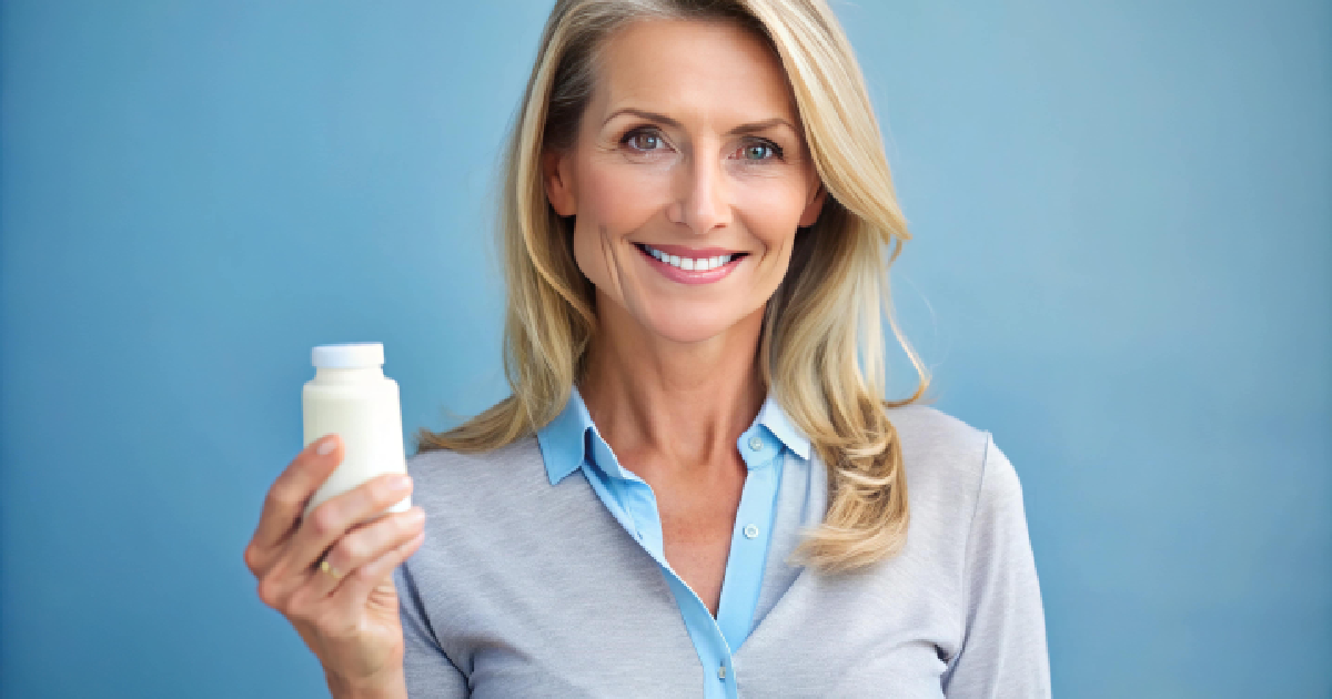 Smiling woman holding a white supplement bottle representing Bio-Identical Hormone Therapy in Kingston, TN