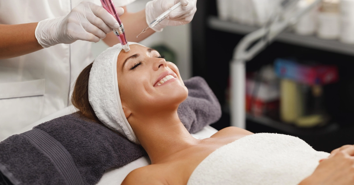 A woman receiving a microneedling facial treatment at a spa in Kingston, TN, smiling and relaxed while a skincare professional uses a microneedling device on her forehead.